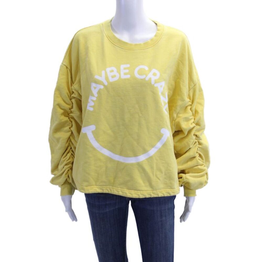 Designer Unisex Pullover Sweatshirts Yellow Cotton Graphic Crew Neck Size L